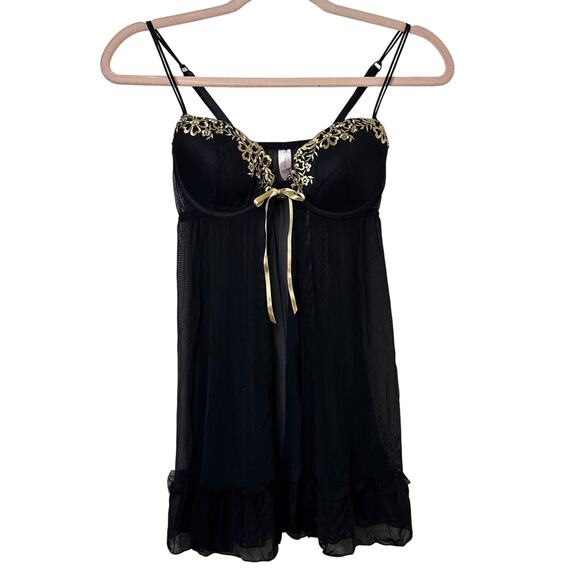 Sm Inner Secrets Sheer Black Nightie Gold Floral Embroidered Coquette Whimsigoth - Picture 1 of 7